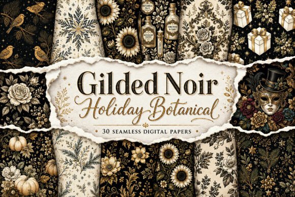 Download Gilded Noir Holiday Botanical Digital - Gilded Collection